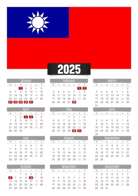 Premium Vector New Year 2025 Calendar With Taiwan Flag And Public 
