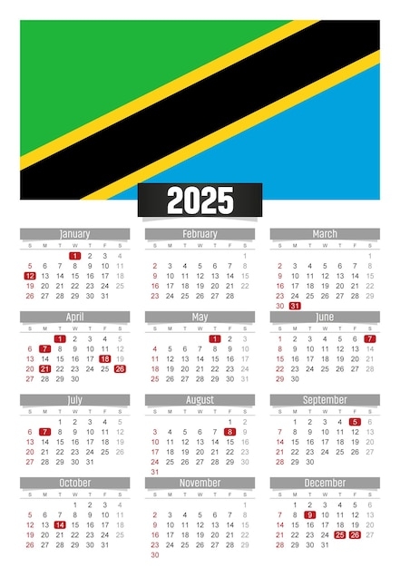 Premium Vector New Year 2025 Calendar With Tanzania Flag And Public 