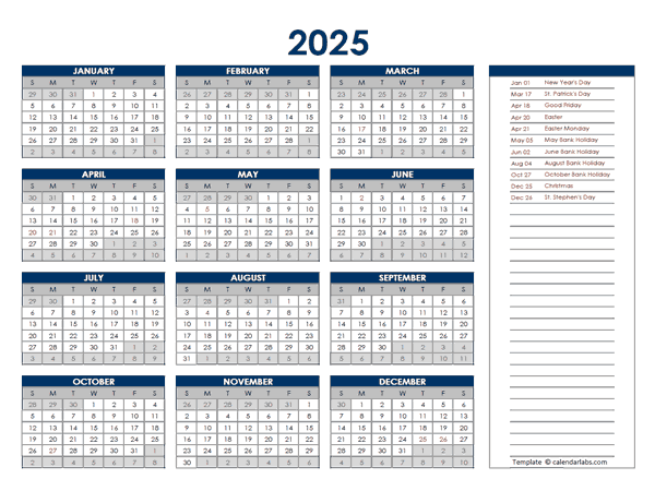 Printable Calendar 2025 Ireland With Bank Holidays Lachlan Z Wang