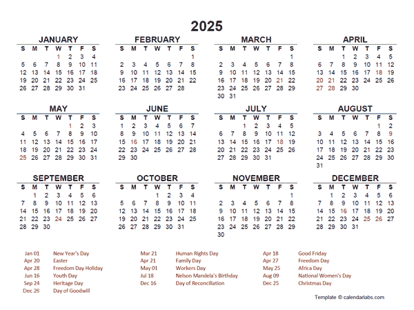 Printable Calendar 2025 South Africa Excel Mamie Chamberlain