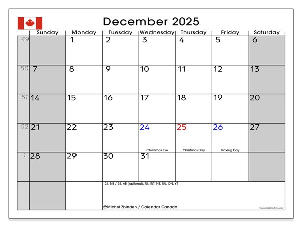 Printable Calendar Canada Michel Zbinden EN