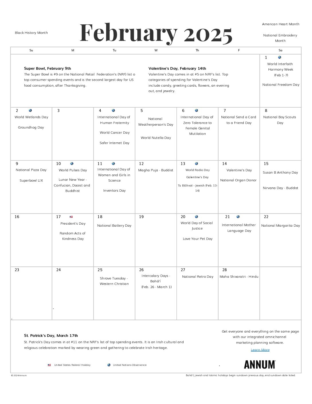 Printable February 2025 Calendar February Holidays Annum