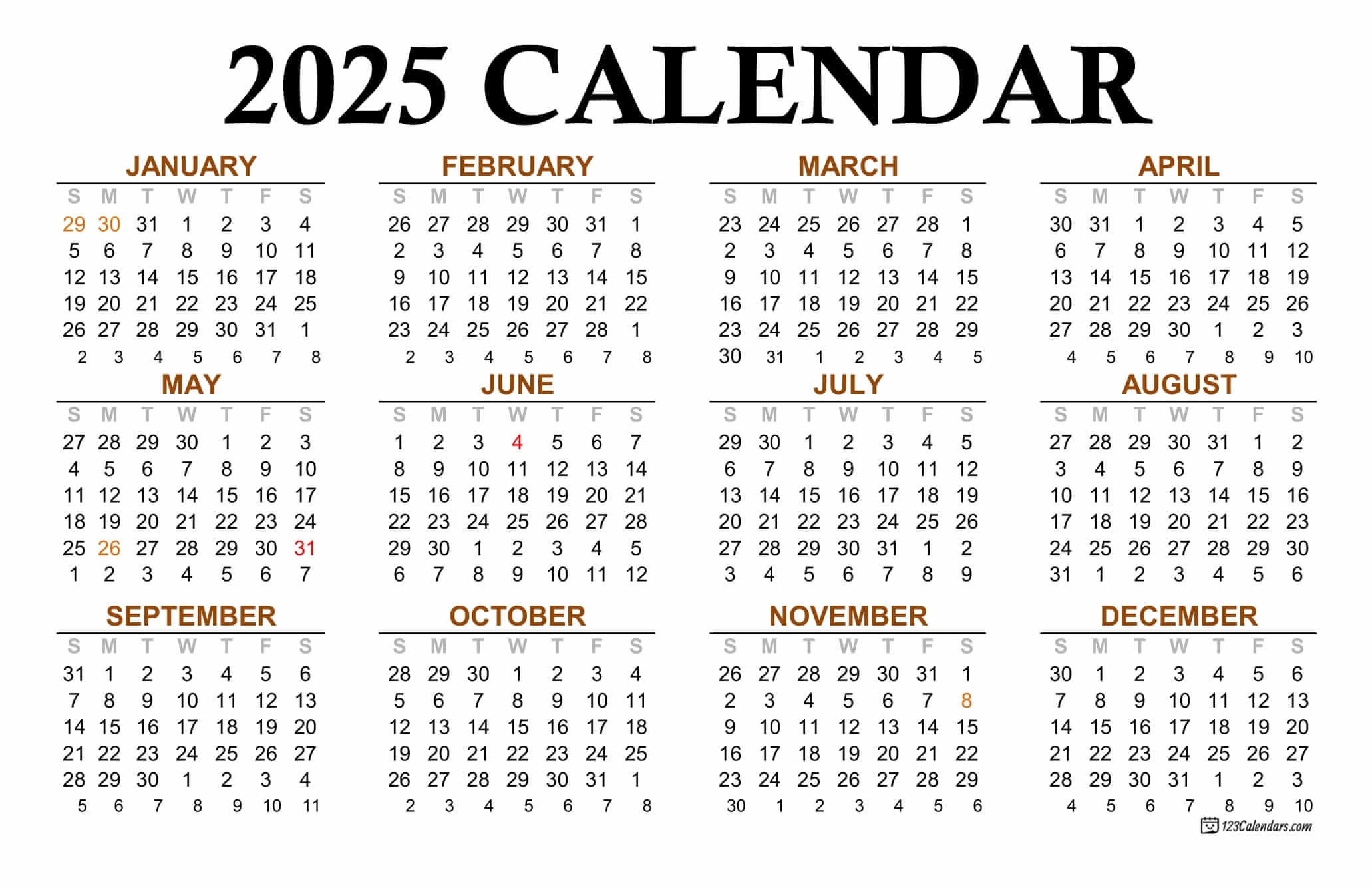 Printable Year Calendar 2025 Printable Calendar