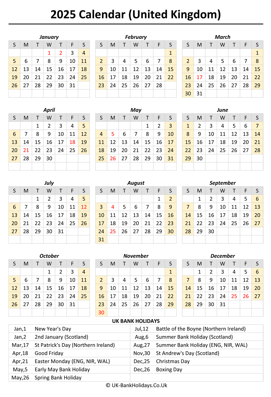 2025 Calendar With Holidays Uk Printable Free
