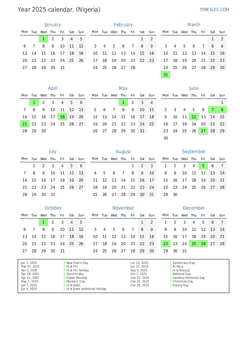2025 Calendar With Market Days In Nigeria Printable