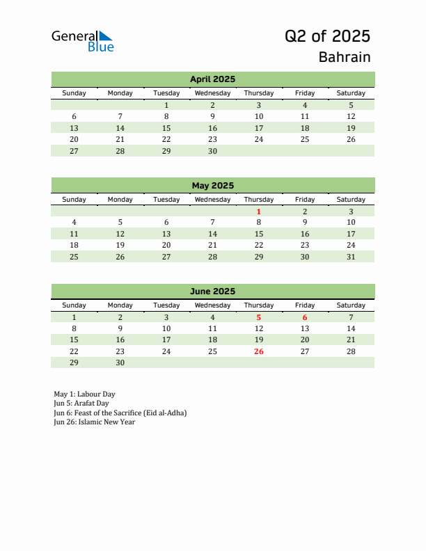 Q2 2025 Quarterly Calendar With Bahrain Holidays PDF Excel Word