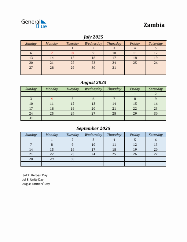 Q3 2025 Quarterly Calendar With Zambia Holidays