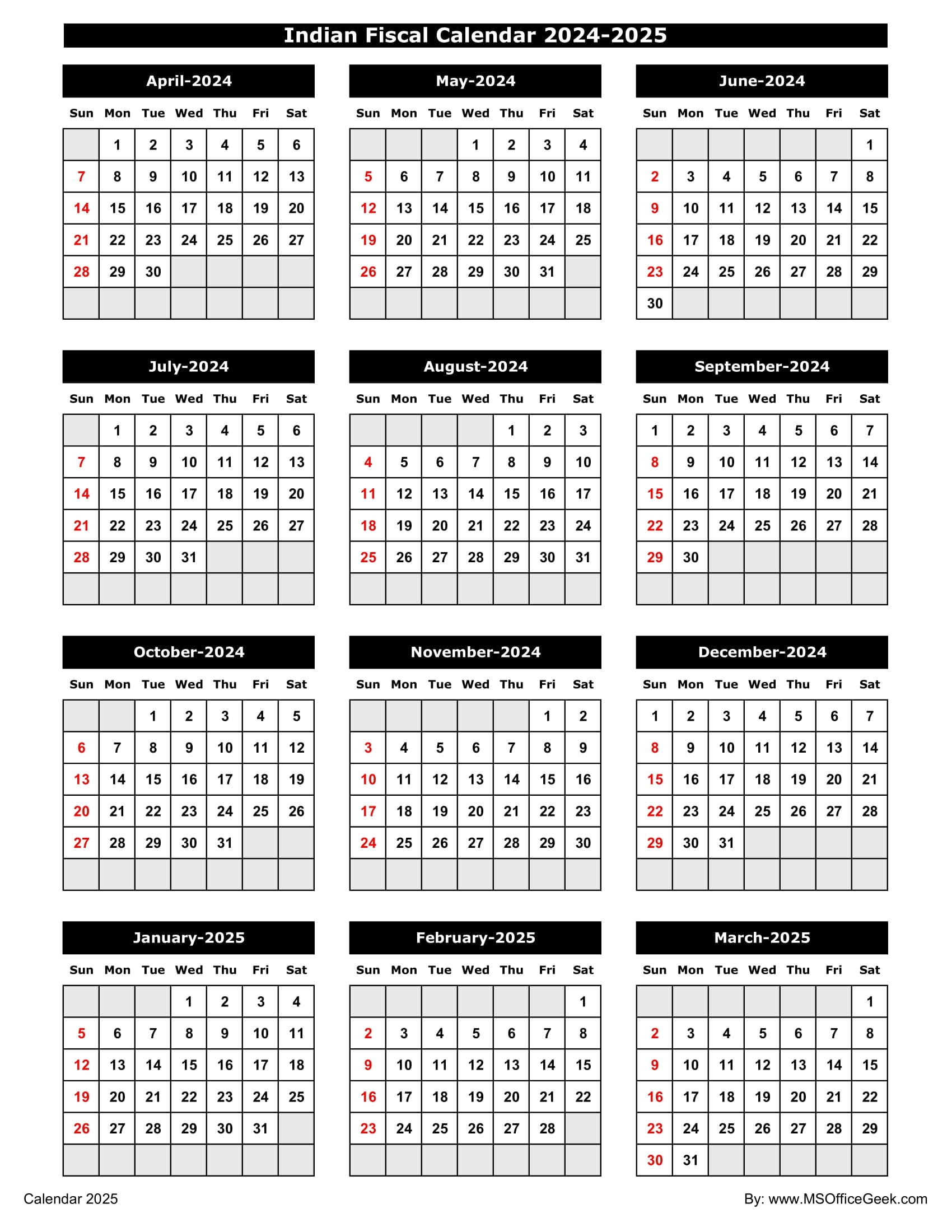 Ready To Use Printable Indian Fiscal Calendar 2024 2025 MSOfficeGeek