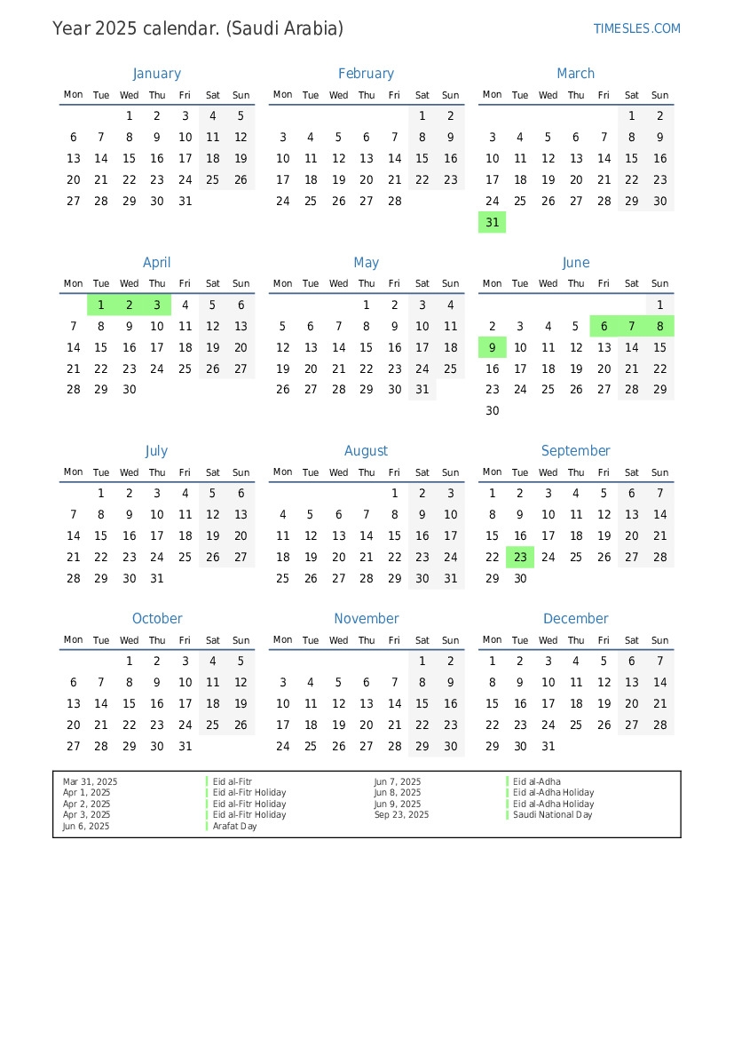 2025 Calendar With Holidays Ksa