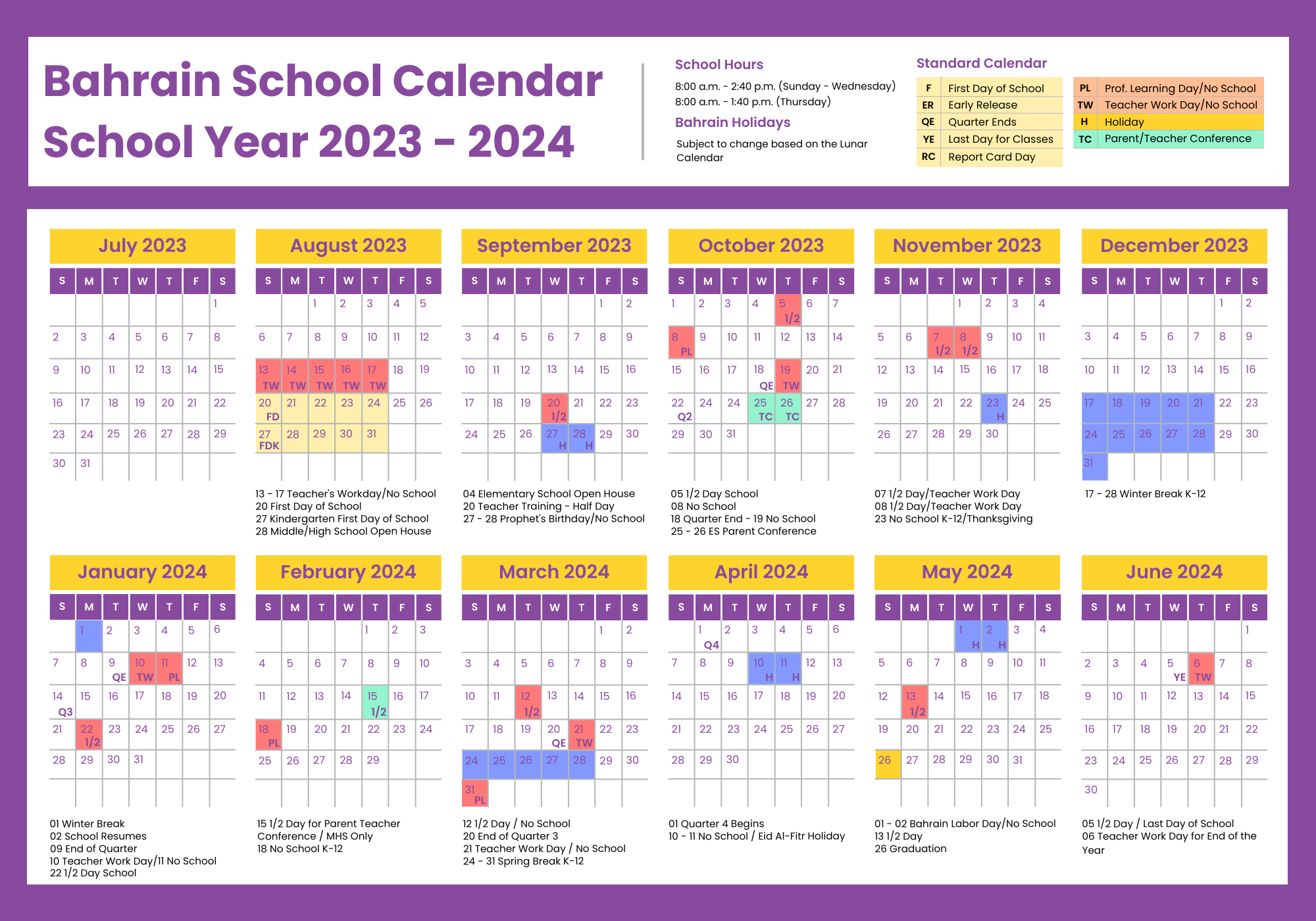 School Calendar Bahrain School