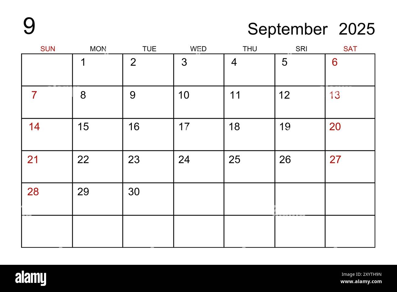 September 2025 Calendar Template On White Paper Background Stock Photo Alamy