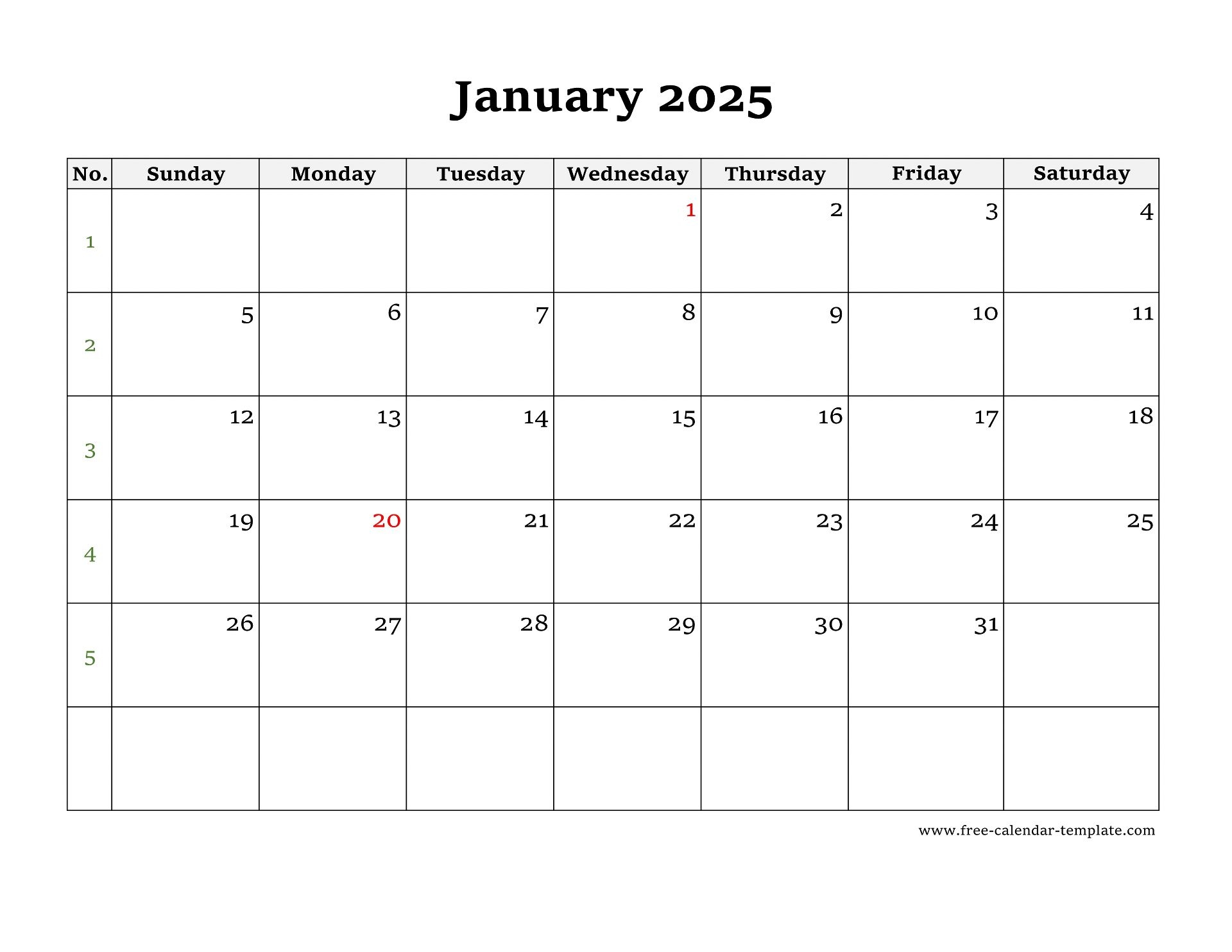Simple Monthly Calendar 2025 Large Box On Each Day For Notes Free 