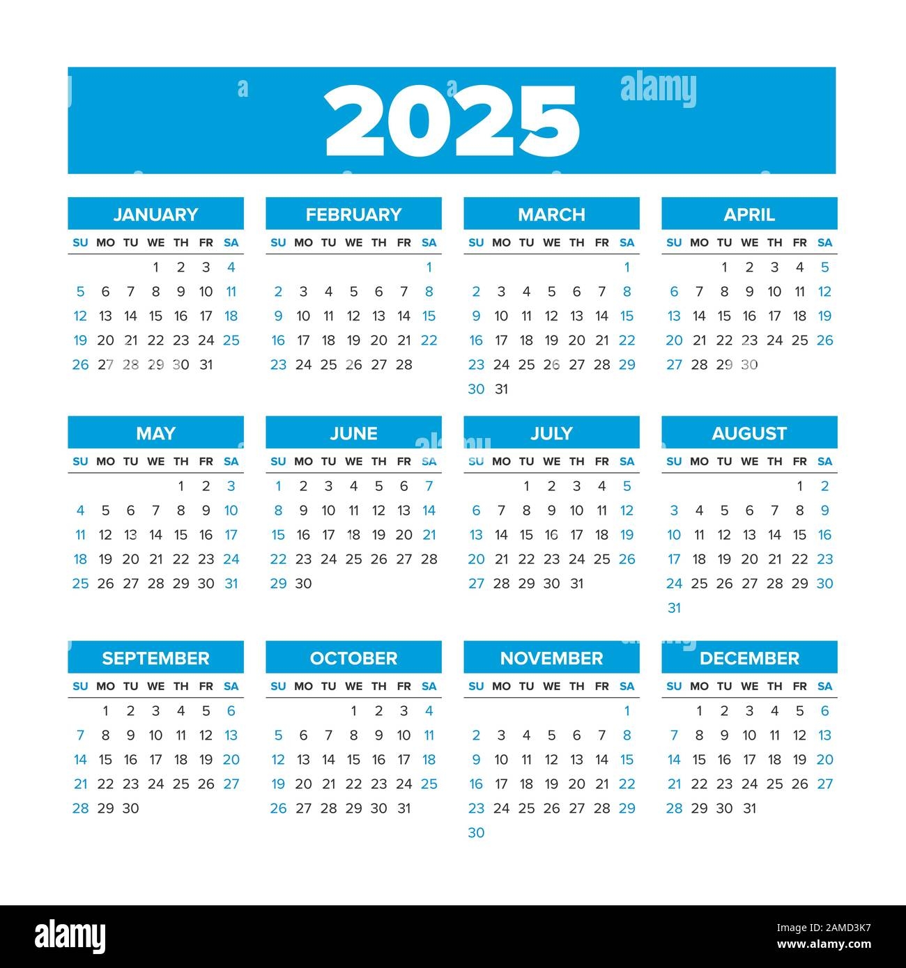 Simple Vector Calendar 2025 Weeks Start On Sunday Stock Vector Image 