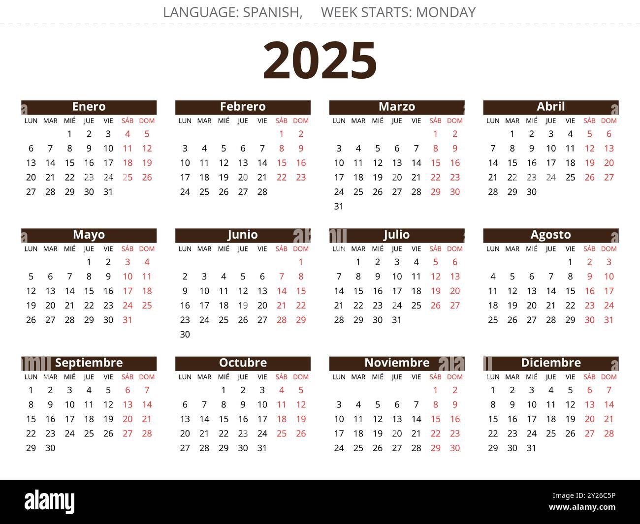 Spanish 2025 Year Calendar Vector Illustration For Spain Stock Vector
