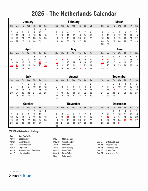 Calendar 2025 With Holidays Netherlands