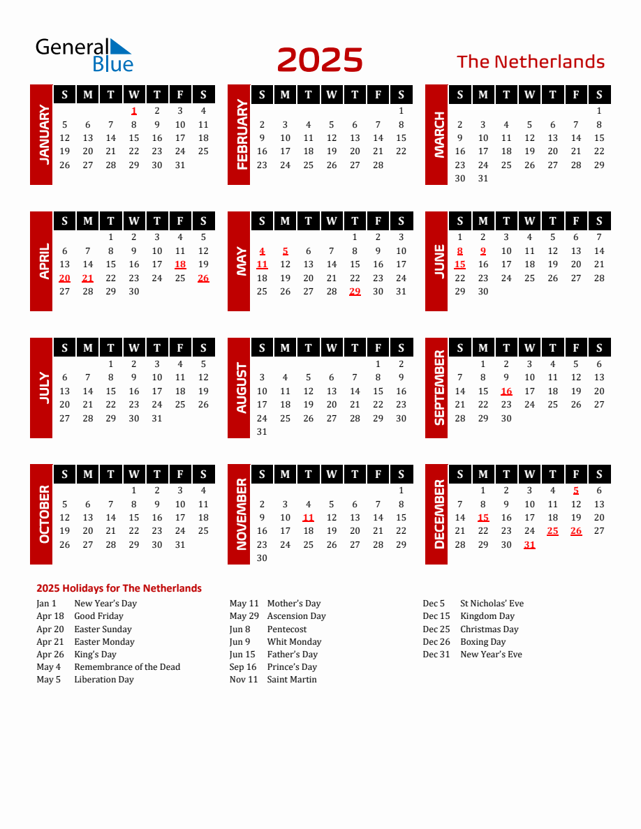 The Netherlands 2025 Yearly Calendar Downloadable