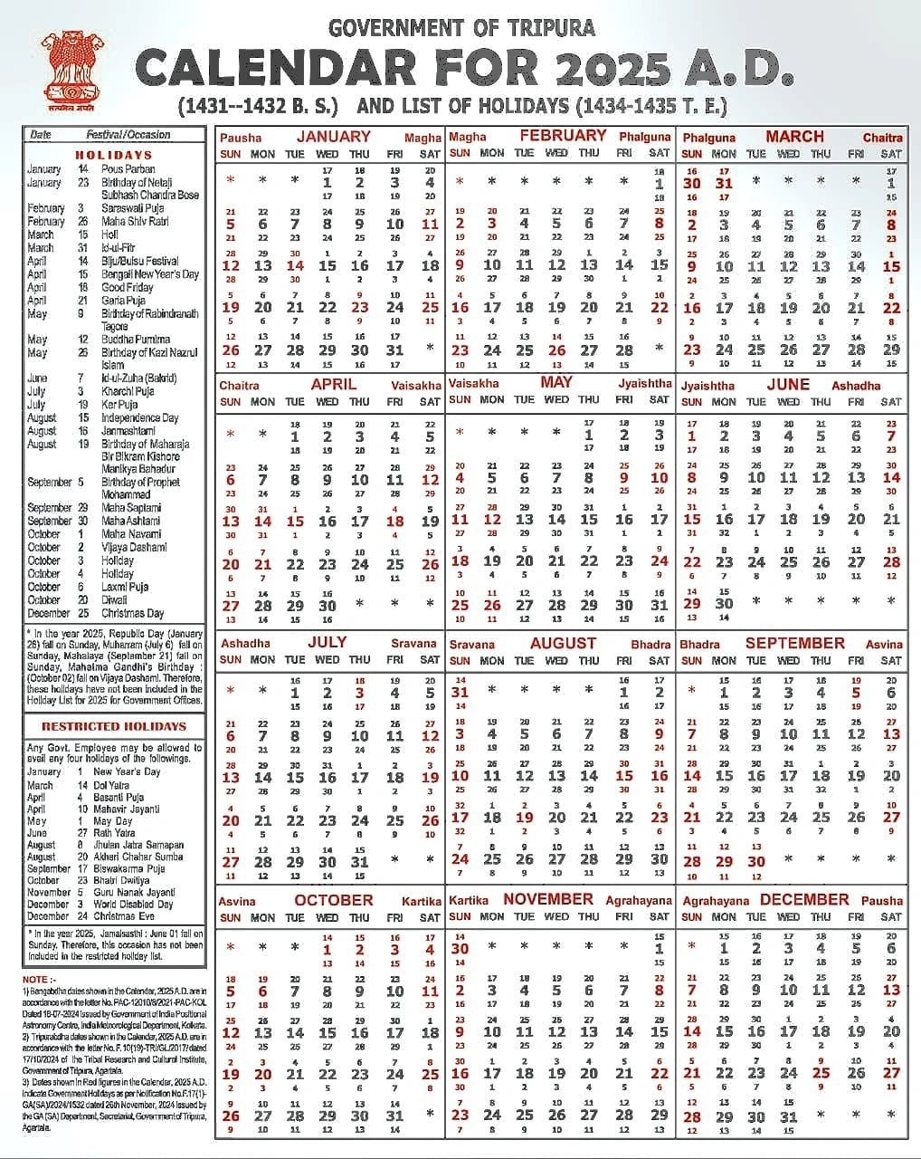 Tripura Govt Calendar 2025 Tripura Government Holidays List 2025 PDF 