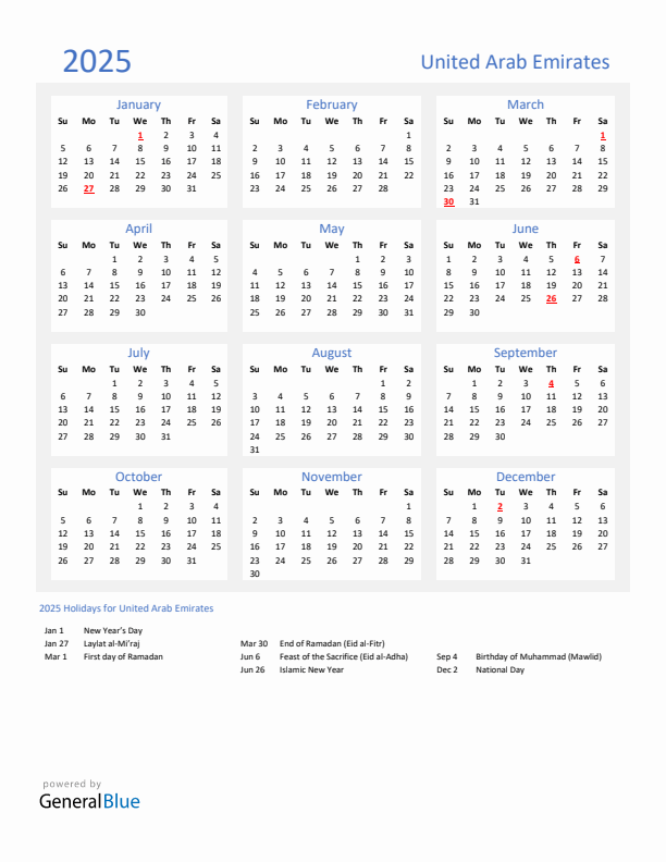 United Arab Emirates 2025 Yearly Calendar Downloadable