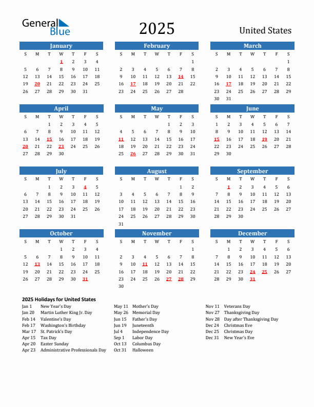 United States 2025 Calendar With Holidays