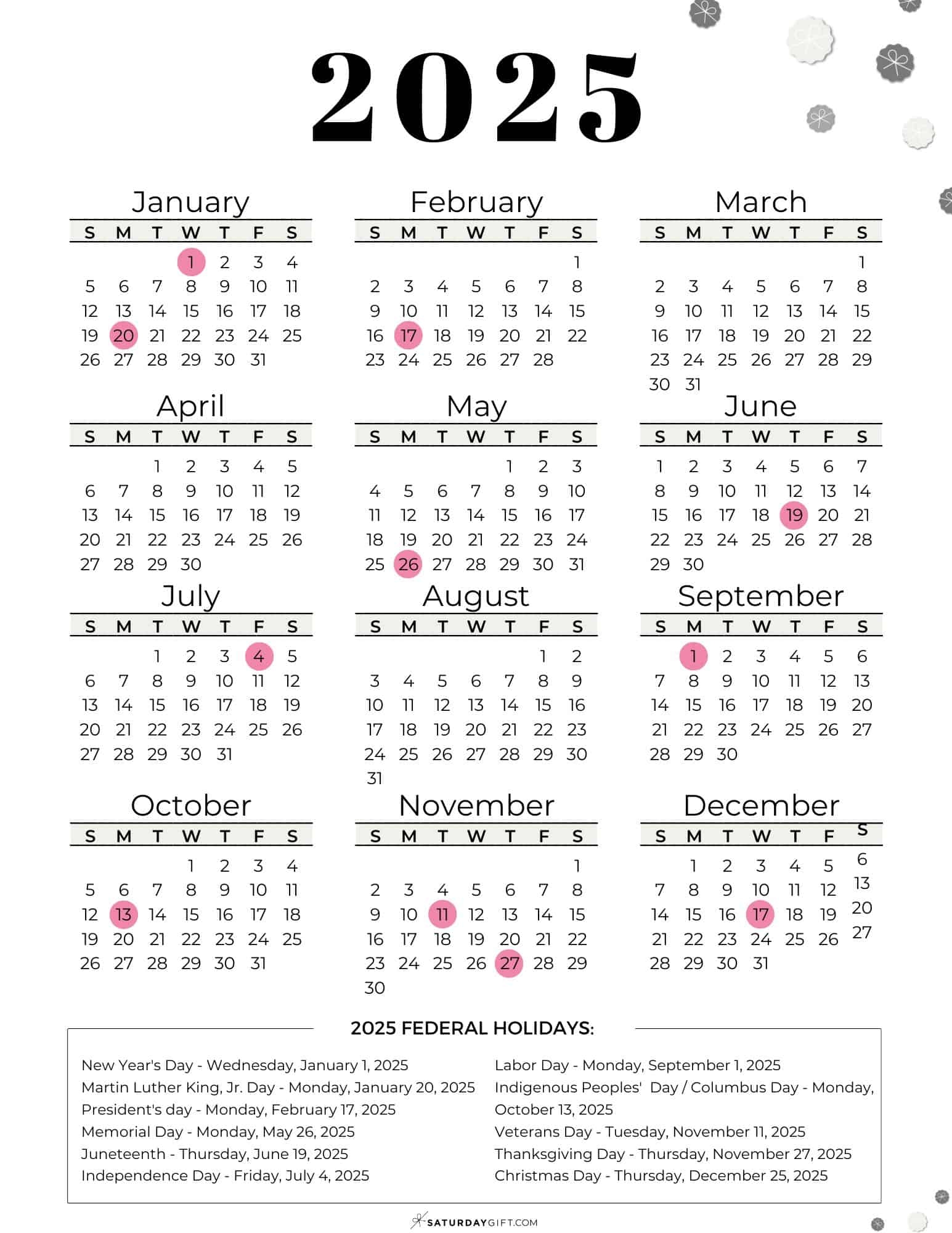 2025 Calendar With Us Holidays Printable