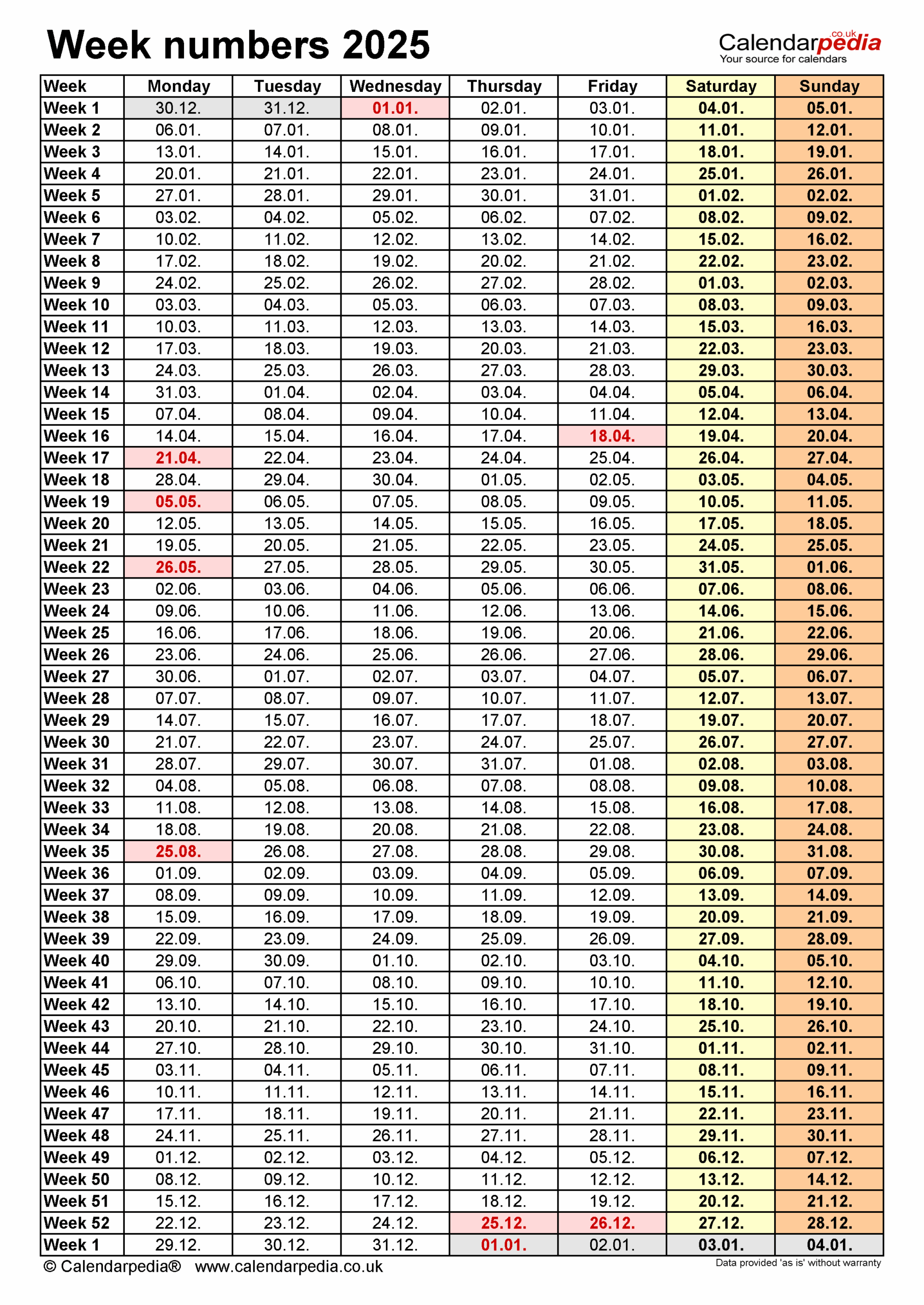 2025 Calendar With Week Numbers Excel
