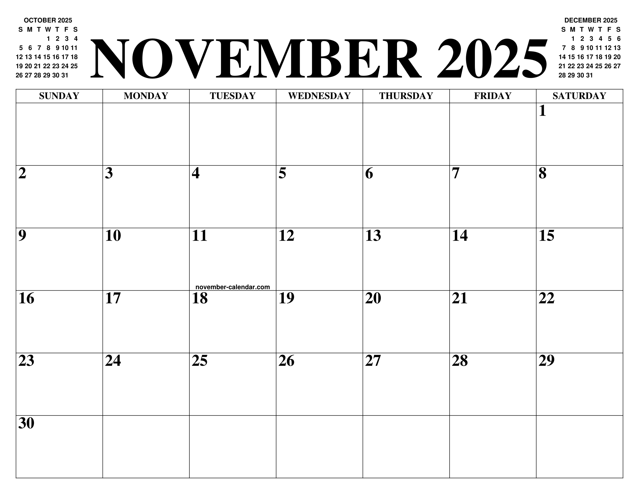November 2025 English Calendar