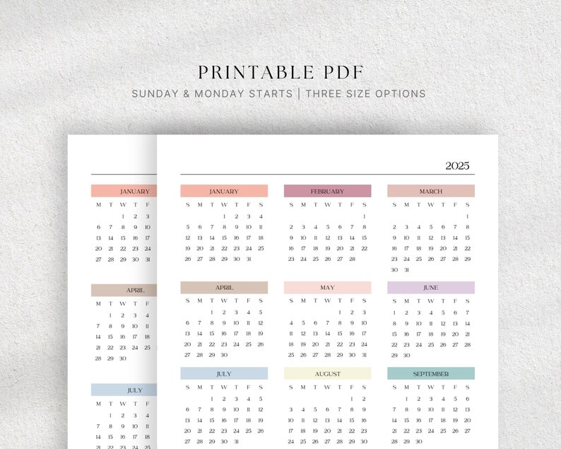 Year At A Glance Calendar 2025 A4 Letter A5 Portrait Yearly Calendar 