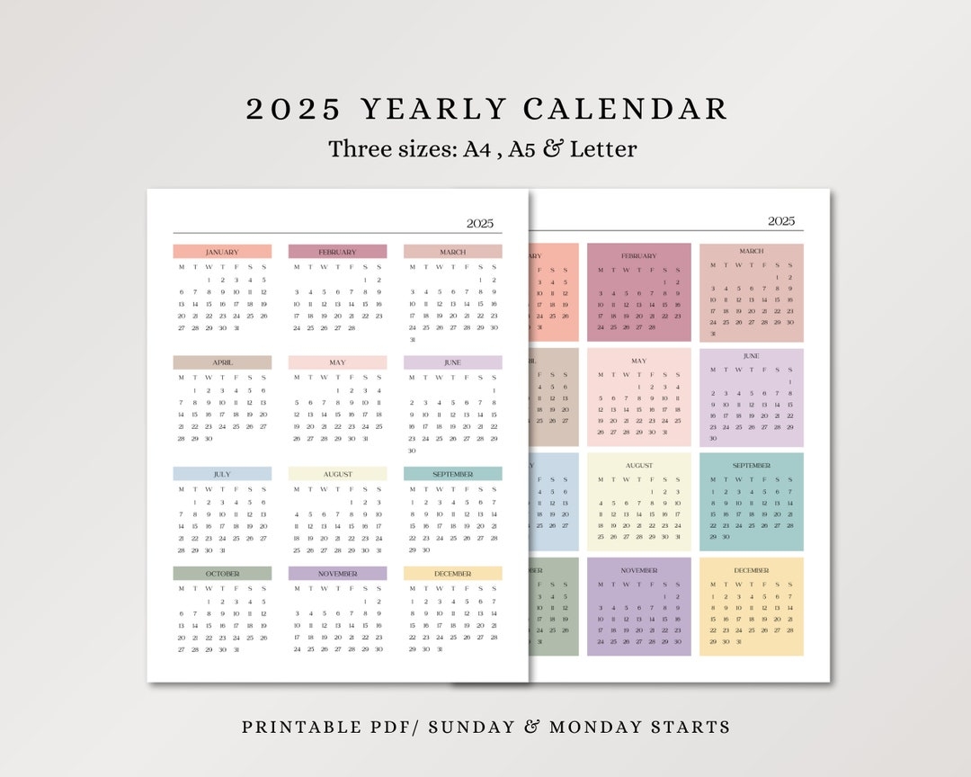 Year At A Glance Calendar 2025 A4 Letter A5 Portrait Yearly Calendar