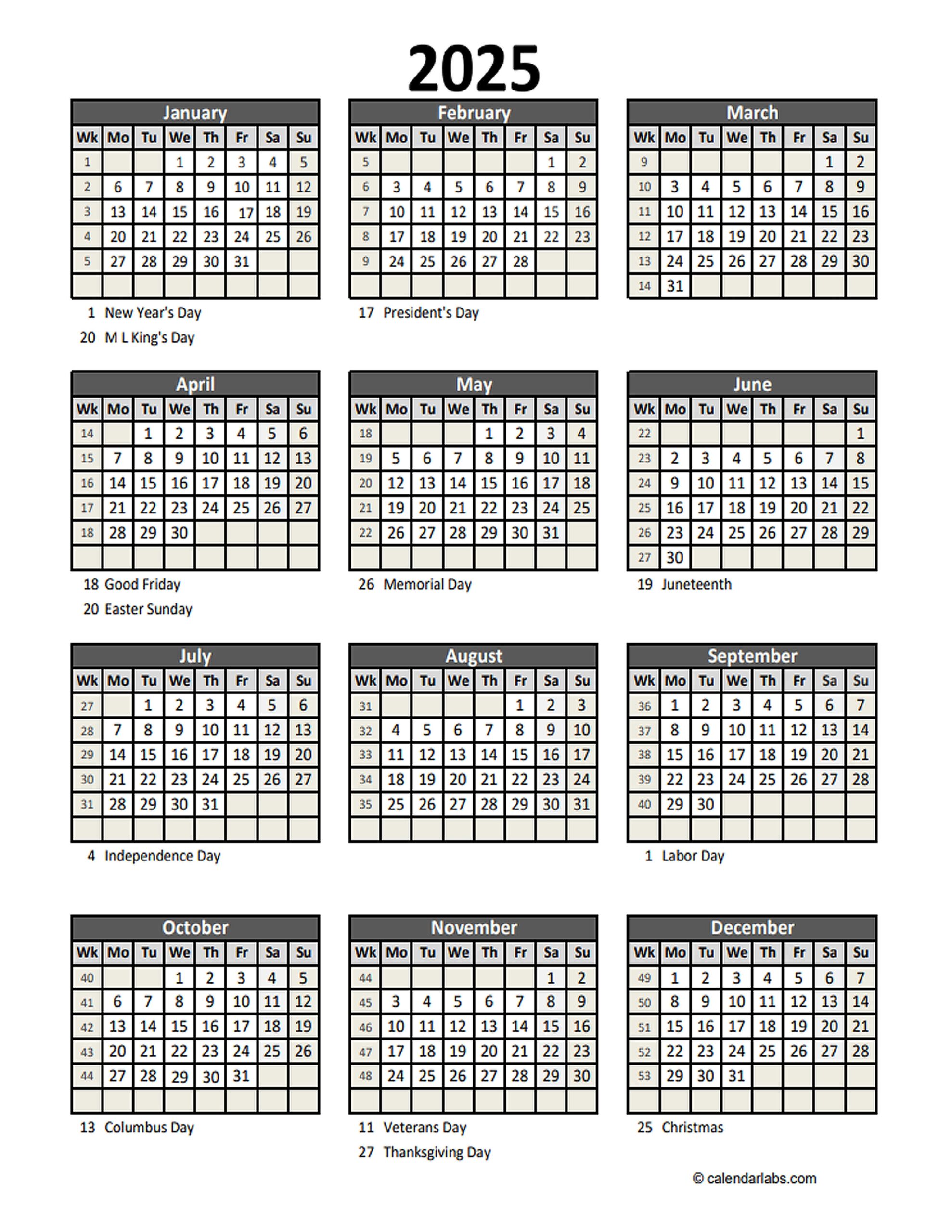 Yearly Calendar 2025 Excel Susan W McCleskey