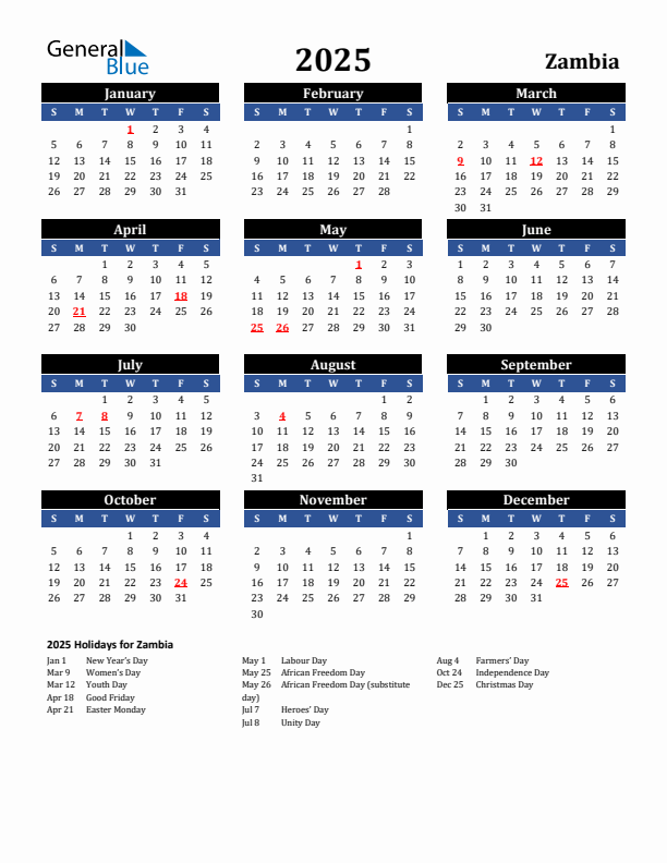 Zambia 2025 Calendar With Holidays