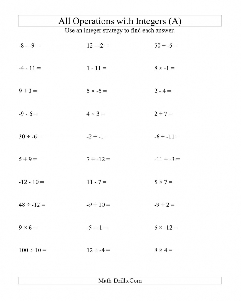 8Th Grade Integers Math Worksheets Printable