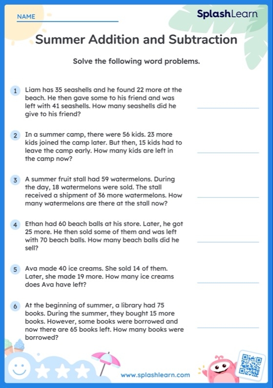Add And Subtract Within 100 Summer Word Problems Printable Math 