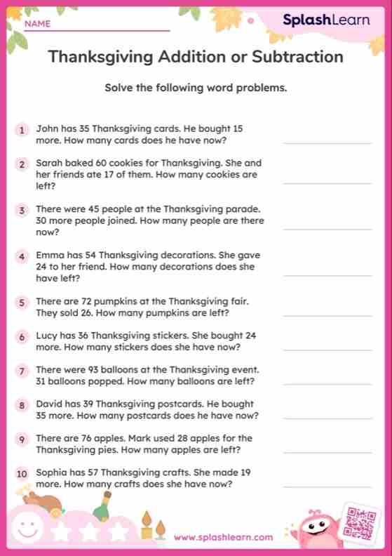 Add Or Subtract Within 100 Thanksgiving Word Problems Printable Math 