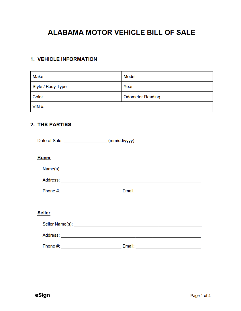 Alabama Bill Of Sale Printable