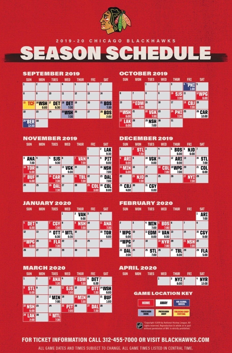 Chicago Blackhawks Schedule 2025-19 Printable