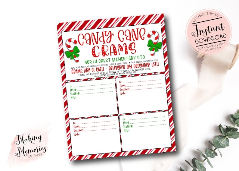 Christmas Candy Gram Template Candy Cane Gram School Candy Etsy