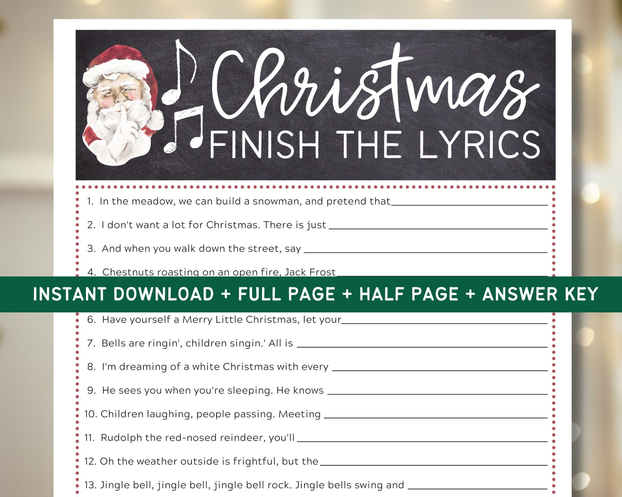 Finish The Christmas Song Lyrics Game Printable