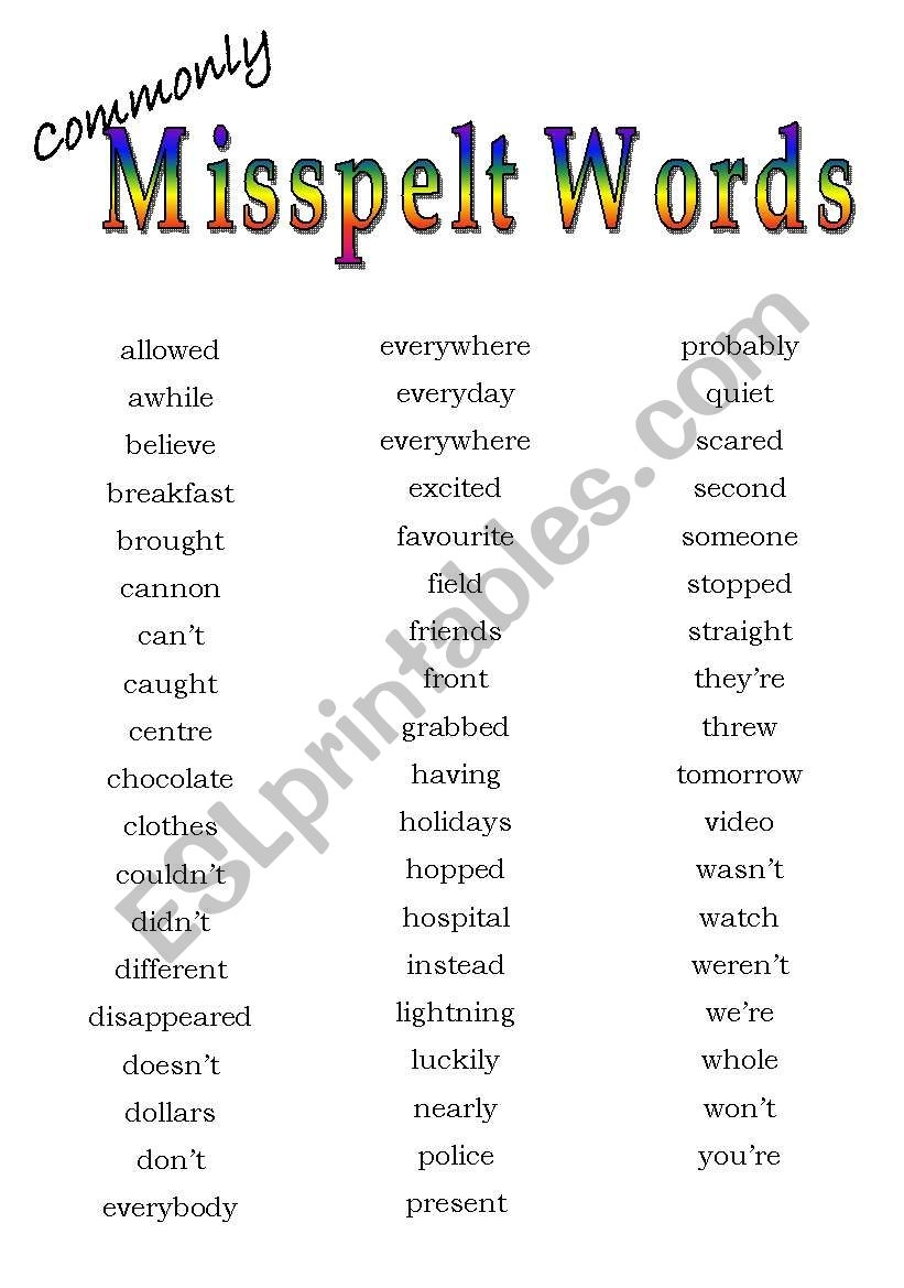 Commonly Misspelled Words List Printable
