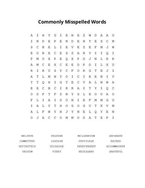 Commonly Misspelled Words Word Search
