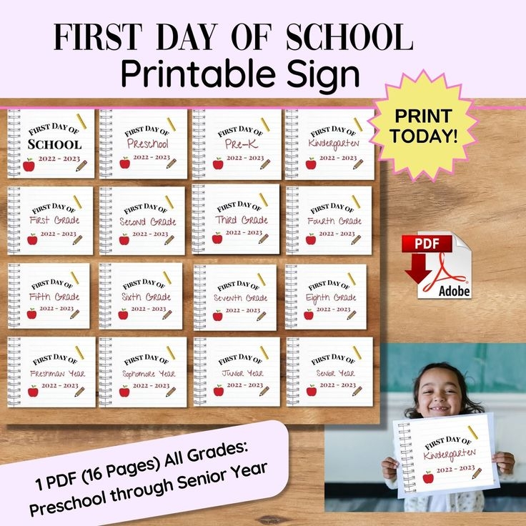 First Day School Printable INSTANT DOWNLOAD First Day All Grades Sign 