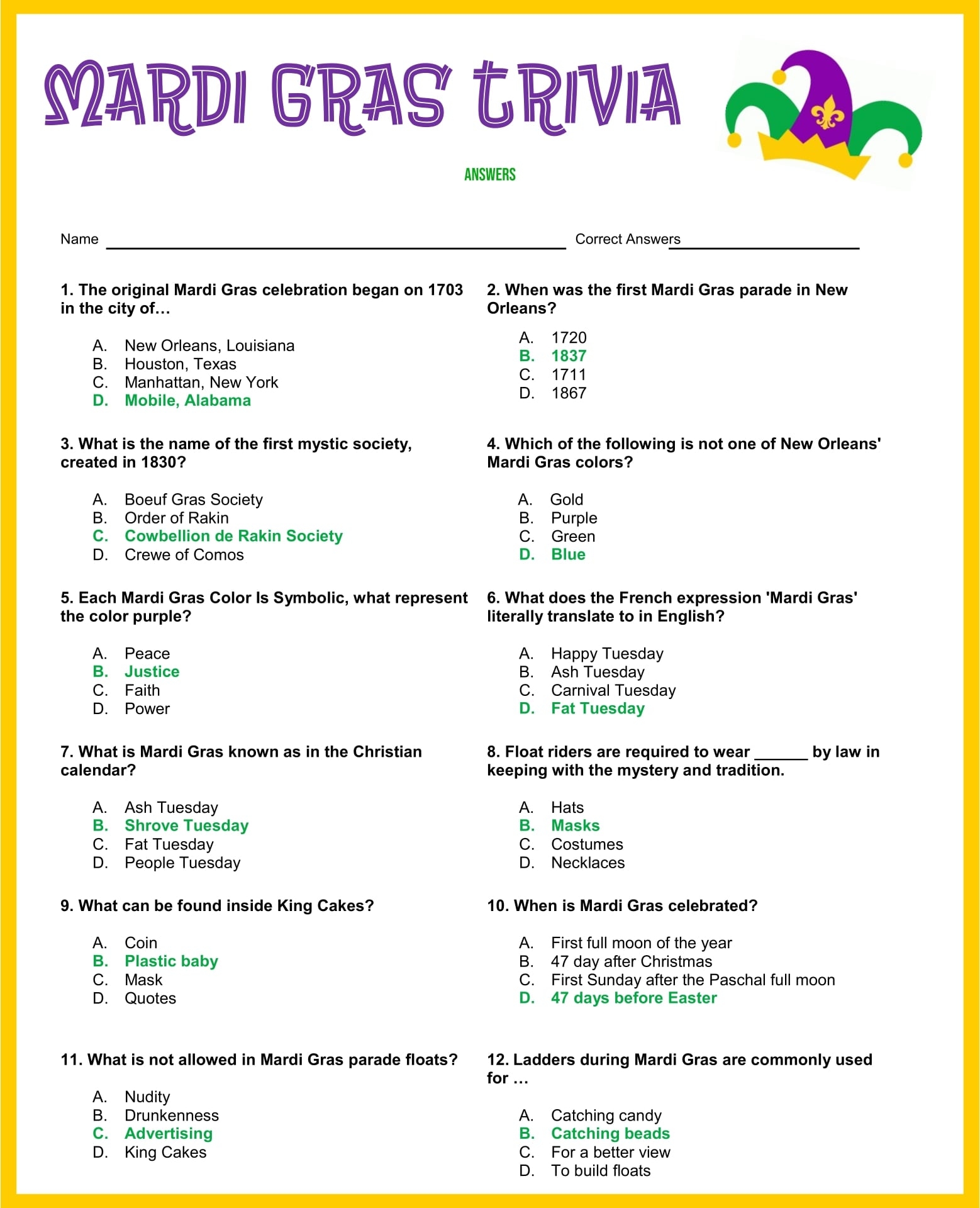 Free Printable Quizzes With Answers Printable JD