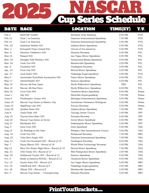 Nascar 2025 Schedule Tv Printable Amara Joy
