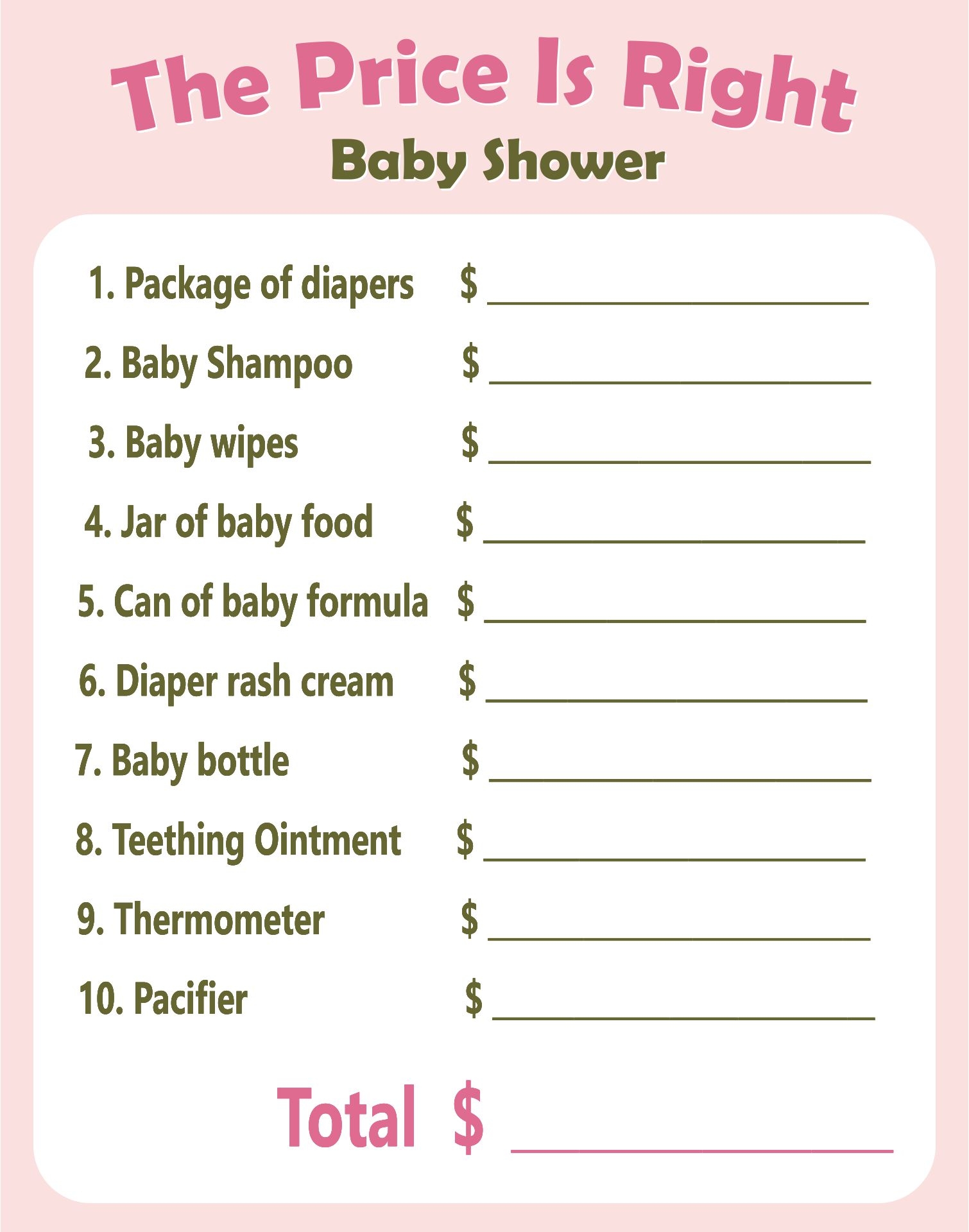 Baby Shower Price Is Right Printable