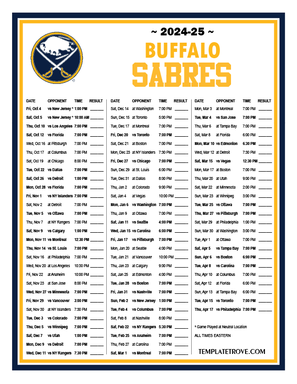 Printable 2024 2025 Buffalo Sabres Schedule