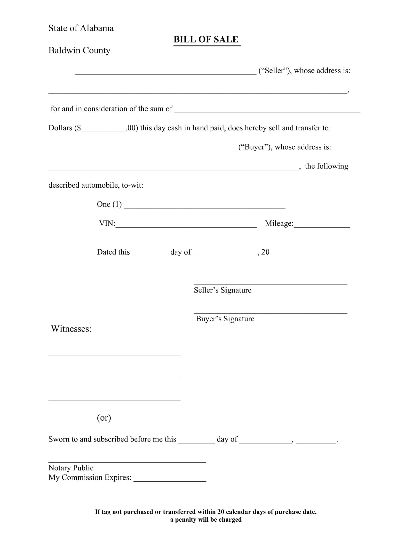 Printable Alabama Vehicle Bill Of Sale