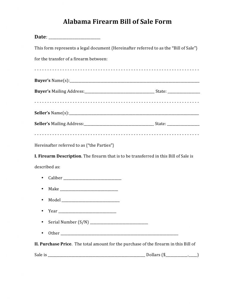 Printable Alabama Vehicle Bill Of Sale