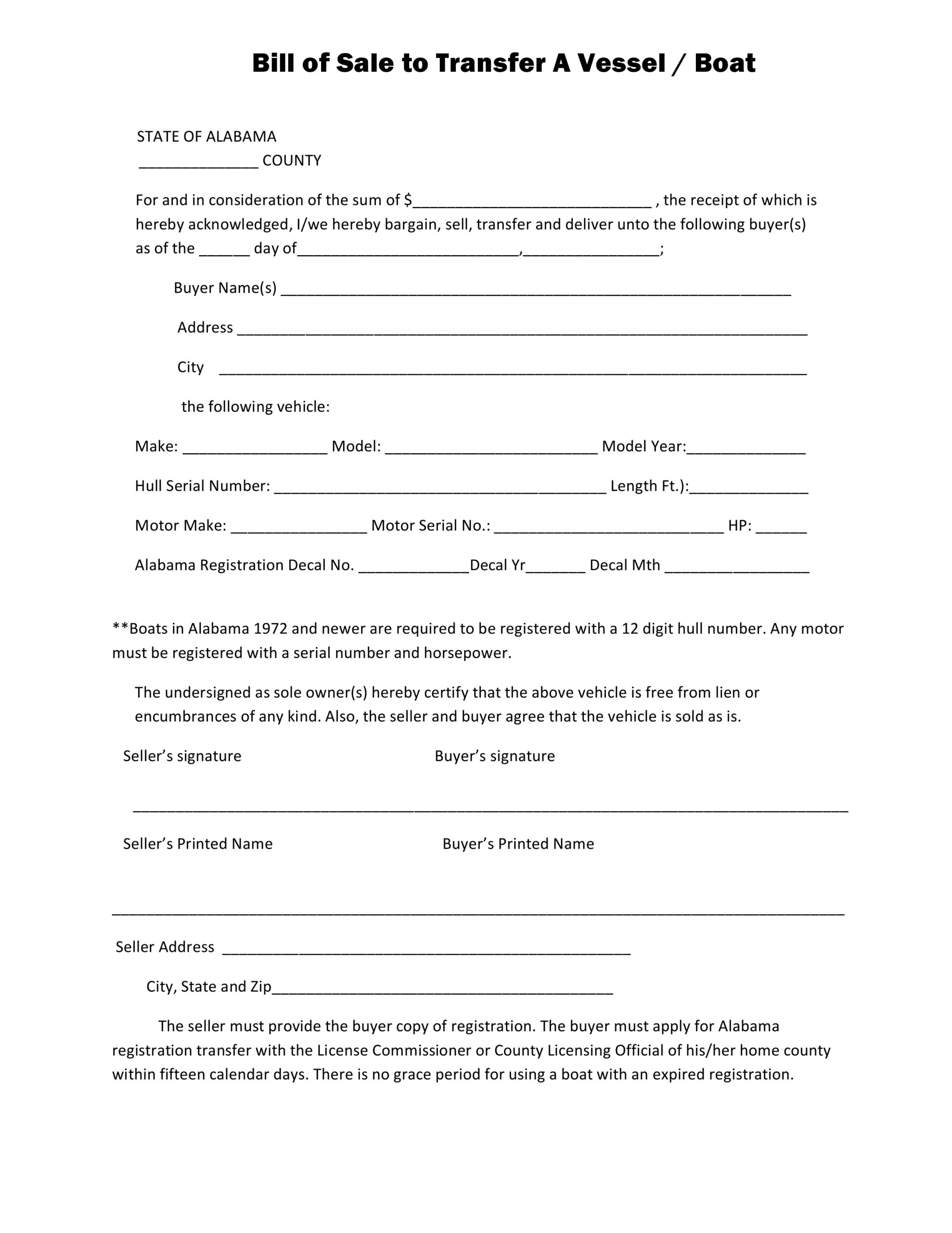 Alabama Bill Of Sale Printable