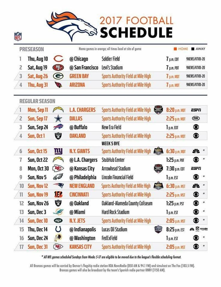 Printable Denver Broncos Schedule