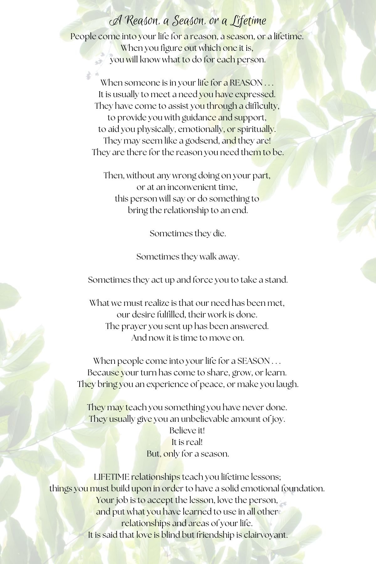 Reason Season Lifetime Poem Printable