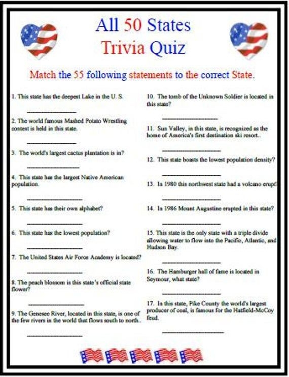 All 50 States Trivia Etsy Fun Trivia Questions Trivia Questions 